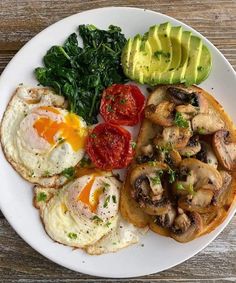 a plate with eggs, mushrooms, tomatoes, and avocado on the side