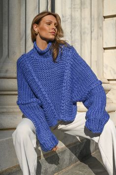 Jessa Chunky Sweater — Blue Loose Turtle Neck Sweater, Chunky Knit Sweater Jeans, Luxury Oversized Blue Sweater, Luxury Blue Soft Knit Sweater, Chunky Navy Blue Sweater, Luxury Blue Textured Knit Sweater, Luxury Blue Knit Sweater, Luxury Blue Sweater For Fall, Wool Blue Sweater