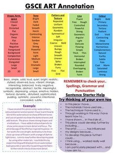 the gcse art annotation is shown in four different colors and styles