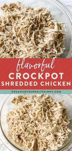 shredded crockpot chicken in a glass bowl