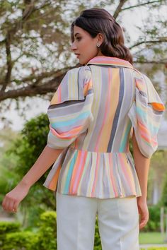 Buy Multi Color Cotton Stripes Spread Collar Peplum Shirt For Women by B'Infinite Online at Aza Fashions. Long Blouse Designs, Peplum Shirt, Peplum Shirts, Shirt For Women, Long Blouse, Color Stripes, Flared Sleeves, Aza Fashion, Blouse Designs