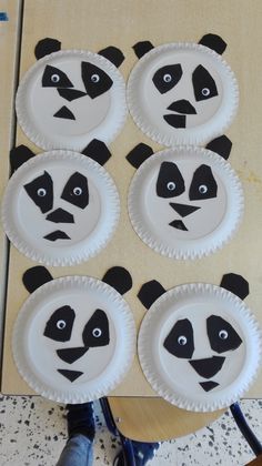 paper plates with panda faces on them sitting on a table in front of a wall