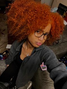 Orange Natural Hair Black Women, Ginger Curly Hair Light Skin, Ginger Died Curly Hair, Orange Dyed Curly Hair, Curly Orange Hair Aesthetic, Hair Therapy