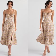 You'll Feel Ultra Feminine In The 'Carmen' Dress That's The Perfect Match For Summer Garden Parties. It's Cut From Stretch Cotton In The Prettiest Floral Print And Has A Corseted Bodice To Cinch The Fit With A Beautiful Lace Up Back. The Gathered Bust Has A Drawstring Tie And The Side Split Adds A Little Sexiness To Reveal A Flash Of Leg. It's Fully Lined For Comfort And Has A Zip To The Left Side For Easy On. The 'Regular' Cup Option Suits Cup Size A-C Whilst The 'Bigger' Cup Option Suits Cup S Purple Floral Print Midi Dress For Garden Party, Bustier Sundress, Carmen Dress, Black Peplum Dress, Black Lace Mini Dress, House Of Cb Dresses, Draped Midi Dresses, Peony Print, Red Bodycon