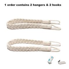 two pieces of white rope next to each other with the words, 1 order contains 2 hangers & 2 hooks