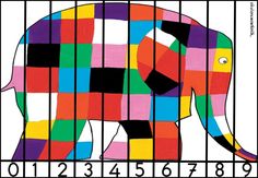 an elephant is painted in multi - colored squares behind a barcode fence with numbers on it