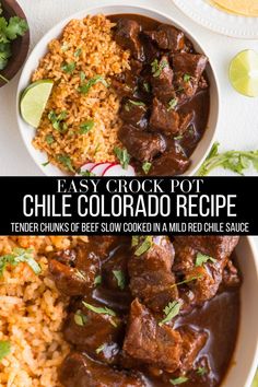 easy crock pot chili colorado recipe with rice and cilantro on the side