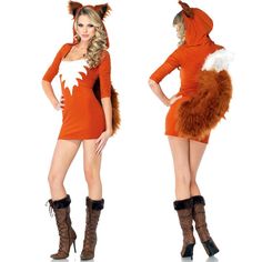 two women dressed in fox costumes, one is wearing boots and the other has an orange dress