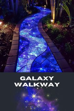 the galaxy walk way is lit up with blue lights