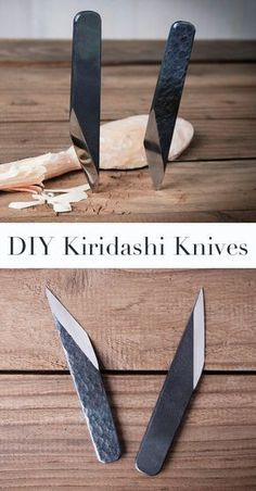 two knives sitting next to each other on top of a wooden table with the words diy krisdash knives