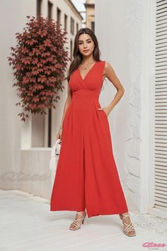 Qteee - Sleeveless Fashion Waist Cinching Jumpsuit Red Sleeveless Stretch Jumpsuits And Rompers, Red Stretch Sleeveless Jumpsuits And Rompers, Sleeveless Beach Jumpsuits And Rompers, Red Sleeveless Jumpsuit For Summer, Red Sleeveless Jumpsuits And Rompers For Summer, Stretchy Sleeveless Summer Jumpsuits And Rompers, Red Jumpsuit, Pant Length, Jumpsuit Fashion