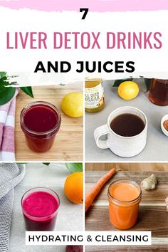 4 images of liver detox drinks including a hibiscus tea lemonade, apple cider cinnamon drink, beet orange juice and a carrot turmeric ginger juice. Cleansing Juices, Liver Detox Juice, Liver Detox Drink, Healthy Liver Diet, Detox Cleanse Drink, Detox Juice Recipes