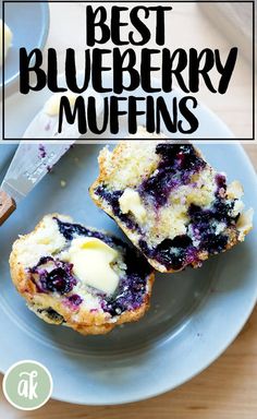 blueberry muffins on a plate with the words best blueberry muffins