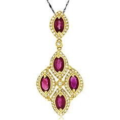 Royal 14K Yellow Gold Pendant with Oval Rubies and Diamond Halos - 1.83 Carat Total Gem Weight Luxury Yellow Gold Jewelry With Lab-created Ruby, Gold Ruby Jewelry With Pave Setting, Elegant 14k Gold Multi-stone Necklace, Elegant 14k Gold Multi-stone Necklaces, Elegant Multi-stone 14k Gold Necklaces, Elegant Multi-stone Jewelry, Elegant Jewelry With Pave Setting Oval Pendant, Oval Red Jewelry With Pave Setting, Elegant Ruby Oval Pendant Necklace