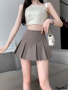 Olivia Mark - Solid Color Flared Mini Skirt, Preppy High Waist Skirt For Spring & Summer, Women's Clothing Skirt Preppy, Flared Mini Skirt, High Waist Skirt, Spring Skirts, Olivia Mark, Waist Skirt, Light Brown, High Waisted Skirt, Mini Skirt