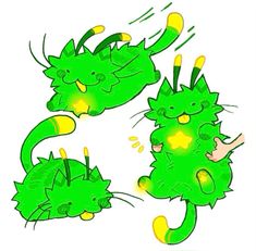 three green cats are dancing together in the air