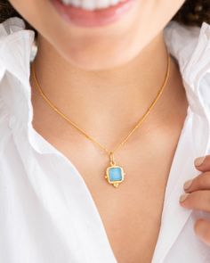 Bright French glass set in hand cast gold on a dainty gold chain. Glass Necklaces With Gold Chain For Gift, Gold Glass Pendant Necklace, Dainty Gold Chain, French Glass, 24kt Gold, Lovely Necklace, Hand Cast, Dainty Necklace, Classic Blue