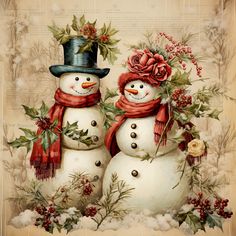 two snowmen wearing hats and scarves are standing next to each other