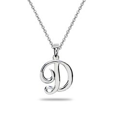 Wear this stylish pendant necklace to enhance your daytime and evening attire. This classic initial features a polished script alphabet letter, perfect as a dainty necklace for all. This letter pendant necklace dangles from an 18-inch rolo chain and secures with a spring ring clasp. They are crafted of fine sterling. This trendy necklace in fine jewelry is a great addition to your sterling silver jewelry and personalized jewelry collections. Product Details Metal Type sterling-silver Metal Stamp D Letter, Script Alphabet, Script Necklace, Letter Pendant Necklace, Pendent Necklace, Trendy Necklaces, Silver Plated Necklace, Letter Pendants, Rolo Chain