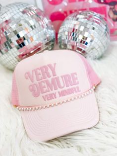 Very Demure. Very Mindful. Very trucker hat!  Pink in color  puff print  pearl chain Bride Trucker Hat, Trucker Hat Designs, Puff Vinyl, Preppy Vibes, Custom Trucker Hats, Merch Ideas, Vendor Events, Puff Print, Hat Design