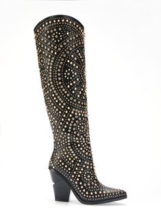 TEXAS-BLACK WESTERN BOOT Western Block Heel Knee-high Boots For Fall, Fall Party Knee-high Moto Boots, Edgy Fall Knee-high Boots With Block Heel, Edgy Knee-high Boots With Block Heel For Fall, Fall Studded High Heel Platform Boots, Fall High Heel Studded Platform Boots, Studded High Heel Platform Boots For Fall, Studded High Heel Boots For Fall, Glamorous Studded Leather Boots