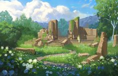 an artistic painting of ruins and flowers in the foreground with mountains in the background