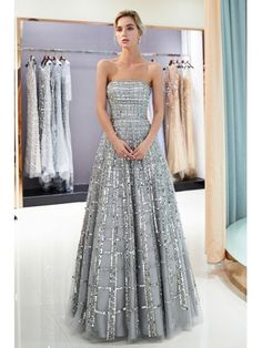 Shining Strapless Grey Long Formal Dress Unique For Woman 2019 Prom Dresses Long Strapless, Unique Formal Dresses, Chiffon Party Dress, Evening Dress Long, Prom Dresses With Pockets, Floor Length Prom Dresses, Evening Dress Floor Length, Long Evening Gowns, Beauty Dress