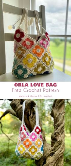 an orla love bag free crochet pattern is hanging on a tree branch