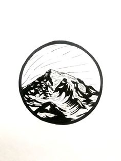 a black and white drawing of a mountain in a circle with the sun coming out