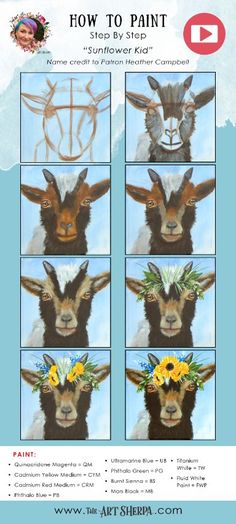 an advertisement for the art shop with pictures of goats and flowers in their hair,