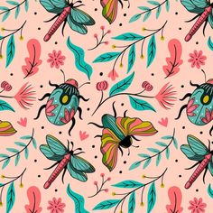 a pattern with bugs and leaves on a pink background