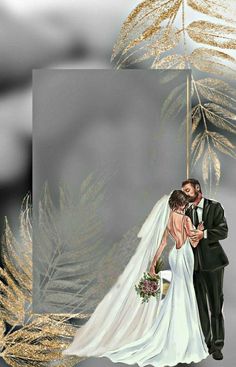 a painting of a bride and groom in front of a palm tree with gold leaves