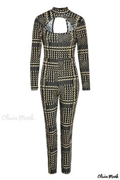 Olivia Mark - Contemporary Khaki Turtleneck Jumpsuit with Hollowed-Out Patchwork Design and Print Accents Printed Fitted Jumpsuits And Rompers For Work, Turtleneck Jumpsuit, Half Sleeve Jumpsuit, Casual Turtleneck, Solid Color Jumpsuits, Pencil Skirt Dress, Womens Khakis, Khaki Fashion, Casual Jumpsuit