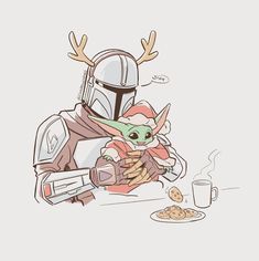 the baby yoda is sitting in front of a plate of food and drinking coffee