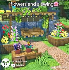 an animated garden with flowers and a swing