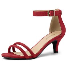 A pair of high heels featuring an open toe with ankle strap, cute kitten heel, and comfortable suede material with soft insole ends.Ankle Strap Kitten Heel Sandals.Buckle Closure Open Toe Mid Heels.Vamp: Faux Suede; Outsole: Rubber; Heel: ABS.Heel Height: 2 5/9 inches. Size: 8.5. Color: red. Gender: female. Age Group: adult. Pattern: Solid. Ankle Strap Block Heel, Kitten Heel Shoes, Kitten Heel Sandals, Red Sandals, Womens Stilettos, Low Heel Sandals, Chunky High Heels, Buckled Heels, Open Toe Shoes