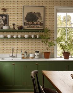 a kitchen with green cabinets and wallpaper in the background, along with potted plants