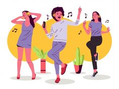 three women are dancing and listening to music