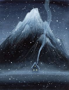 a painting of a house in front of a mountain with snow falling off the top