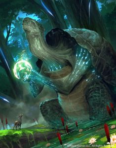 an illustration of a giant turtle holding a glowing orb in its mouth, surrounded by trees