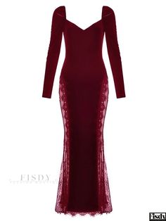 Fisdy - Fashionable Winter Evening Party Lace Patchwork Sheer Velvet Maxi Dress with Pointed Collar Velvet Bodycon Dress, Banquet Dresses, Basic Skirt, Velvet Maxi Dress, Lace Patchwork, Velvet Lace, Evening Party Dress, Neck Lace, Lace Panelled