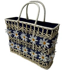 Vtg Wicker Daisy Flower Tote Purse Large White Blue Maybelle Marie Birch 60s 50s Mod Kitschy Kitsch Rare - **Not Sure The Exact Material, It Could Be Wicker Or It Could Be Manmade Wicker*** Vintage - Vintage Condition, Good Condition With Some Wear. Shows Light Wear, Has Some Paint Chipping Off And Some Light Discolorations. Some Of The Flowers Show Wear/Dust, The Inside Of The Purse Shows Dirt Marks . Sold As-Is. Wicker Purse, Flower Tote, Mod 60s, Tote Purse, Women Accessories Bags, Vintage Bags, Daisy Flower, Large White, Blue Bags