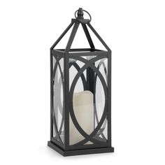 a black lantern with a candle inside