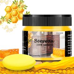 a jar of beeswax next to some honeycombs