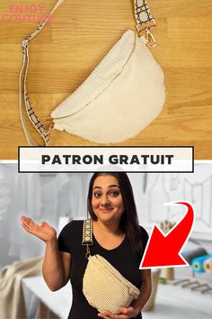 an image of a woman holding a purse with the words patron gratut on it