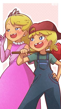 an image of two people dressed up as mario and princess peaches in cartoon style