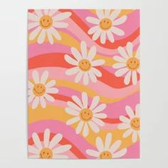 a pink and yellow flower pattern with smiling faces on it's petals canvas print