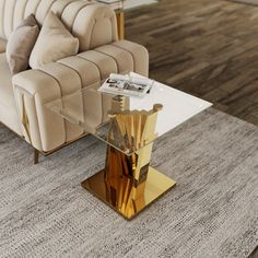 a living room with a couch, coffee table and glass top on the carpeted floor