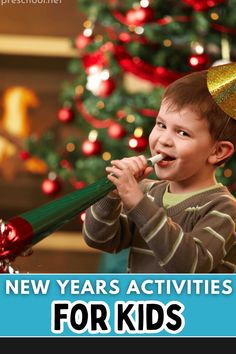 a young boy is brushing his teeth in front of a christmas tree with the words new year's activities for kids