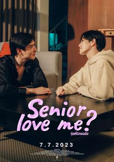 two people sitting at a table with the words senior love me?